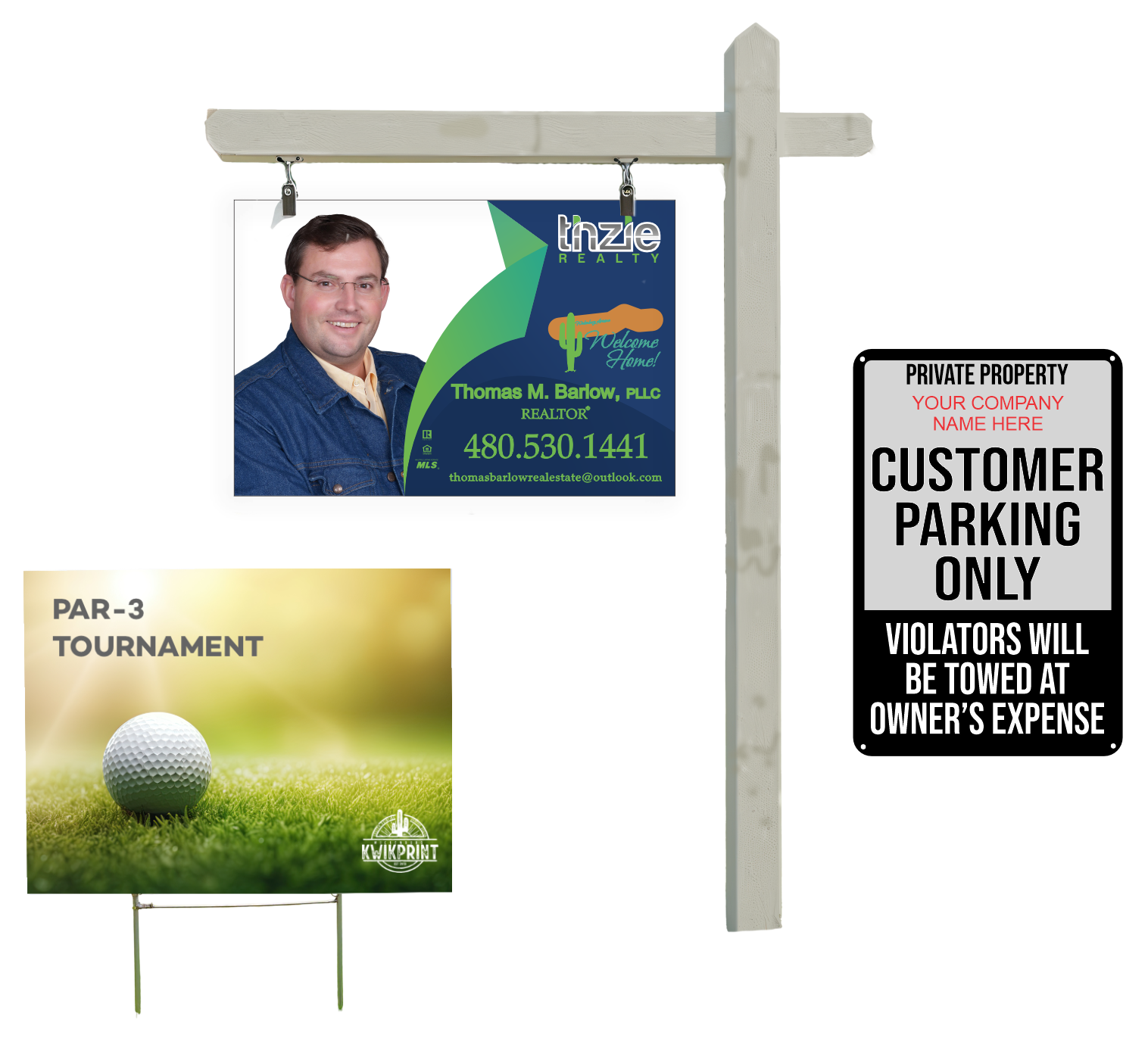 Real estate sign, customer parking sign, and a par-3 golf tournament yard sign.