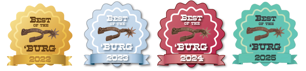 Four badges: gold, blue, red, and teal, each with a spur graphic and text 