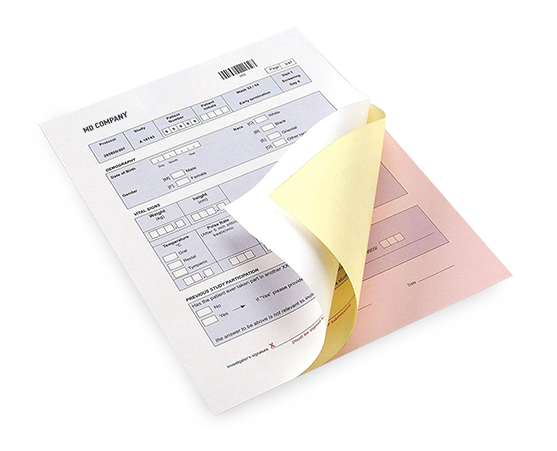 Multi-part paper form with top layer peeled back, revealing yellow and pink layers.