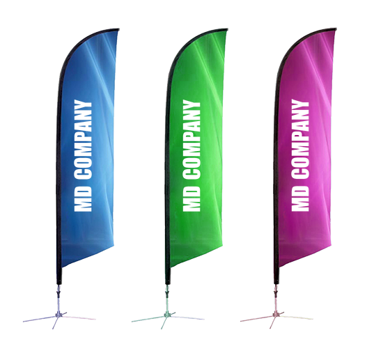 Three colorful feather flags with