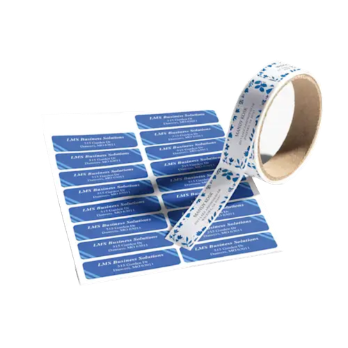 Labels with blue bars and text, and a roll of labels with floral details.