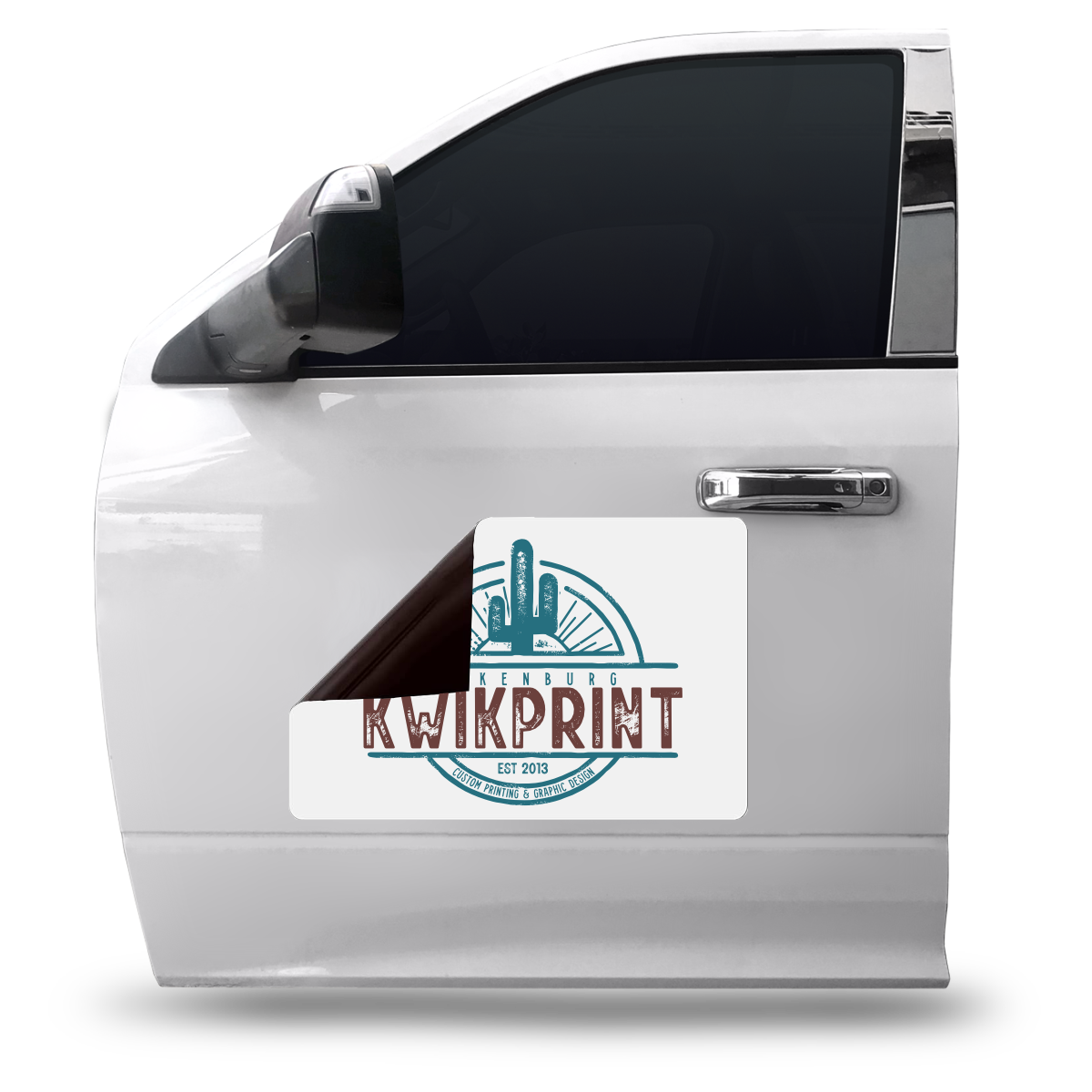 White truck door with a magnetic sign partially peeled back, displaying a 