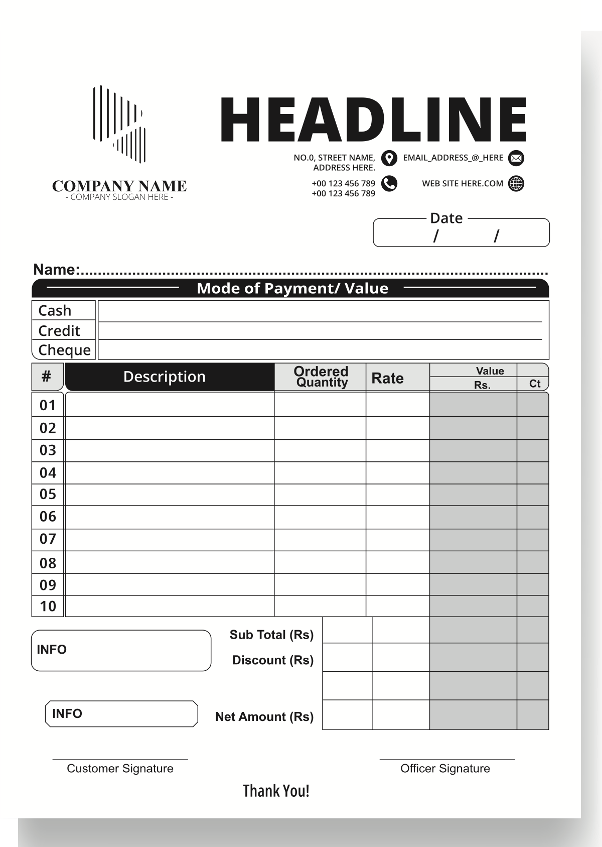 Invoice template with company logo, contact info, payment details, and itemized sections.