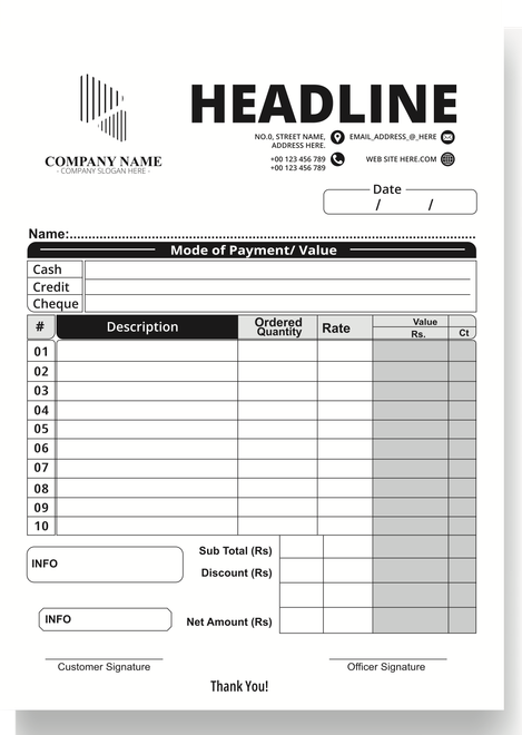 Invoice template with company logo, contact info, payment details, and itemized sections.