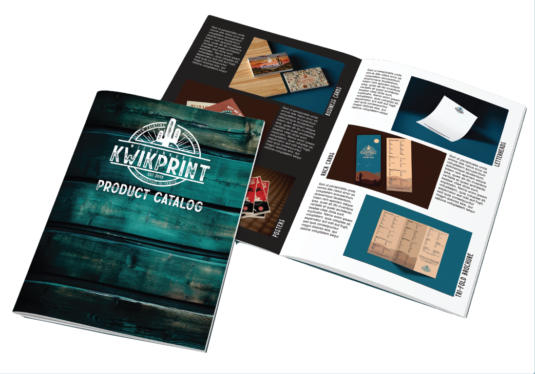 Catalog with a blue-green wooden cover and product images, laid open.