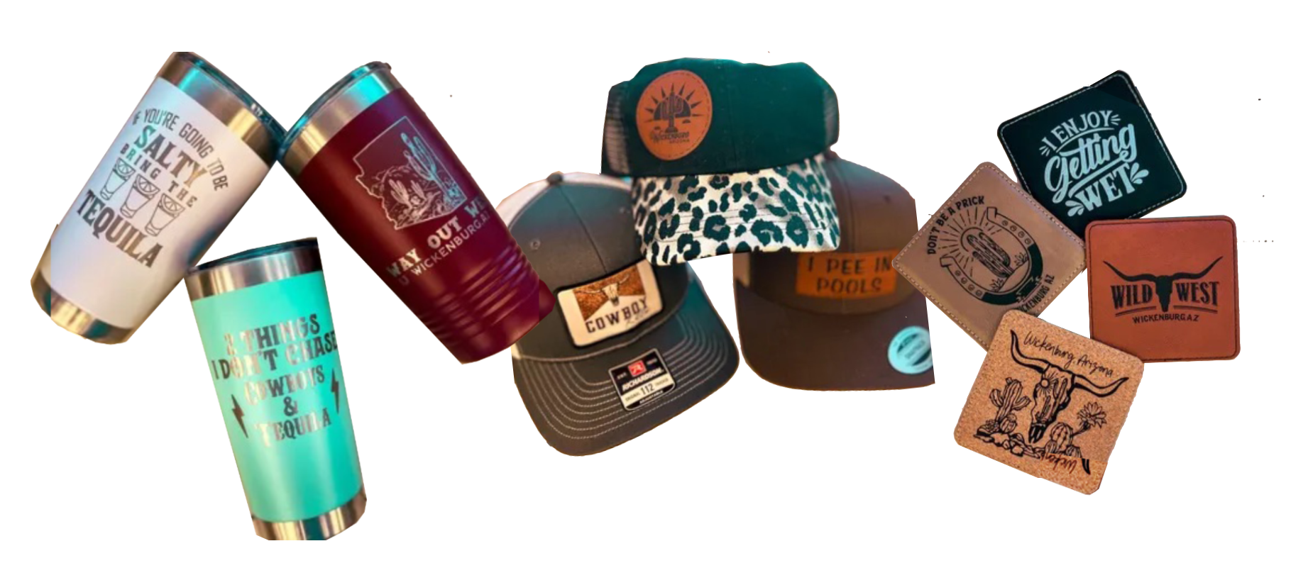 Assortment of drink tumblers, hats, and coasters with various designs and colors.