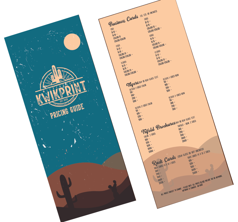 Pricing guide for Kwikprint, showing business cards, flyers, and postcards on a desert-themed design with a cactus.