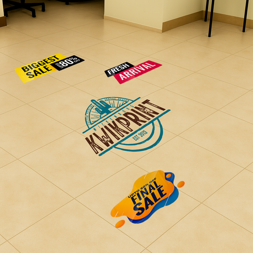 Floor decals advertising sales and a printing company.