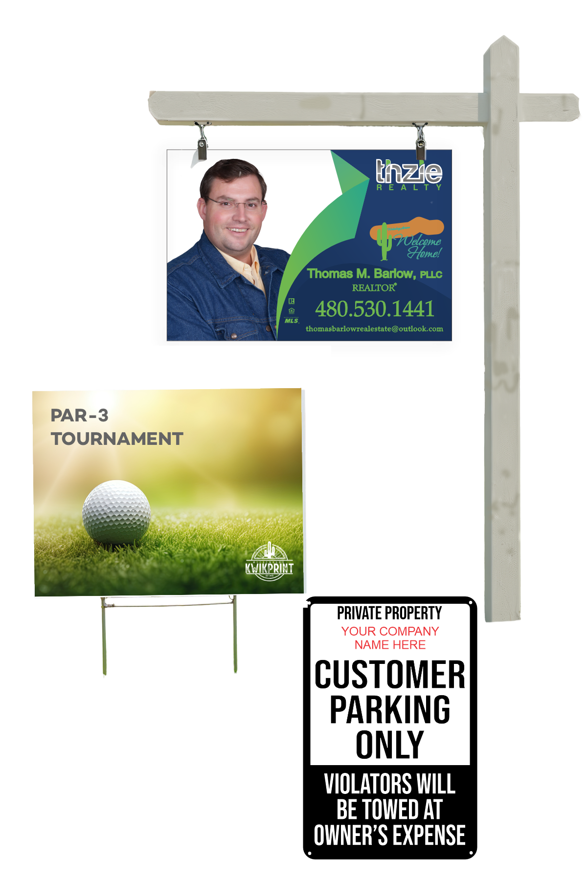 Real estate sign with a realtor's photo, a golf tournament ad, and a parking sign.