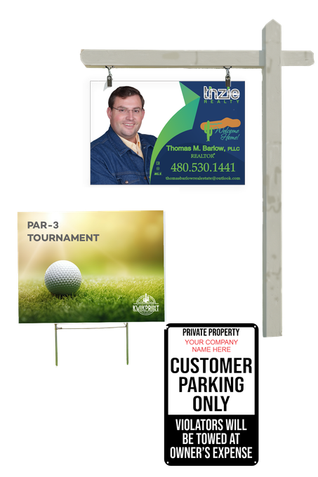 Real estate sign with a realtor's photo, a golf tournament ad, and a parking sign.