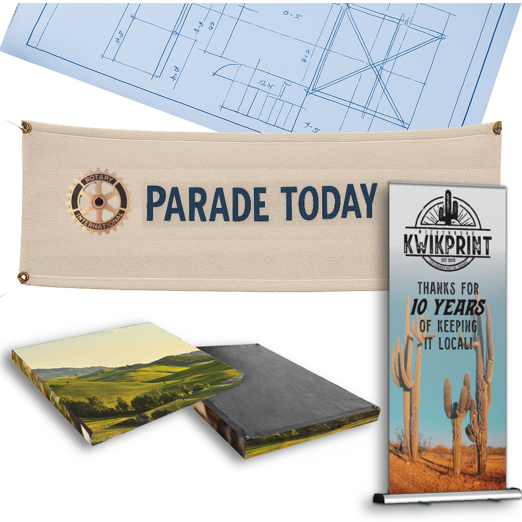 Printing examples: banner, blueprint, landscape books, and a roll-up display with a desert scene.