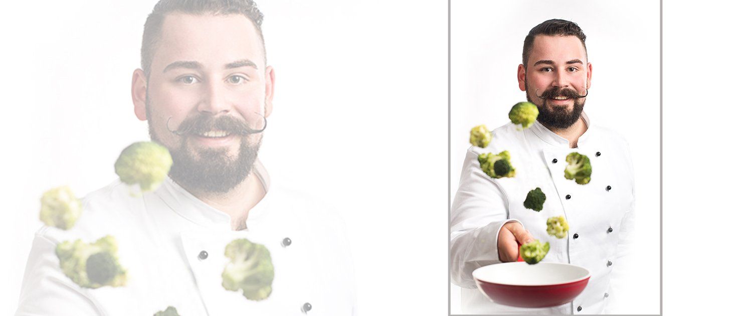 Ein Mann mit Bart hält eine Schüssel Brokkoli.