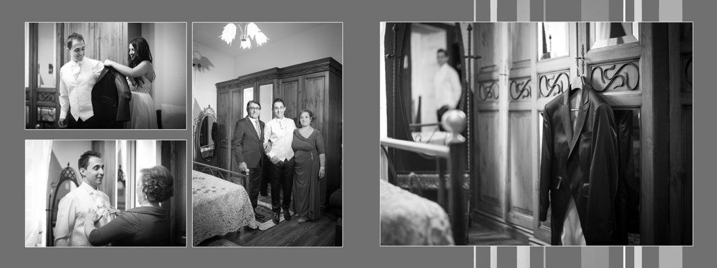 Ein Schwarzweißfoto eines Mannes, der sich für eine Hochzeit fertig macht.