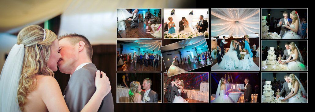 Eine Braut und ein Bräutigam küssen sich bei ihrer Hochzeitsfeier.