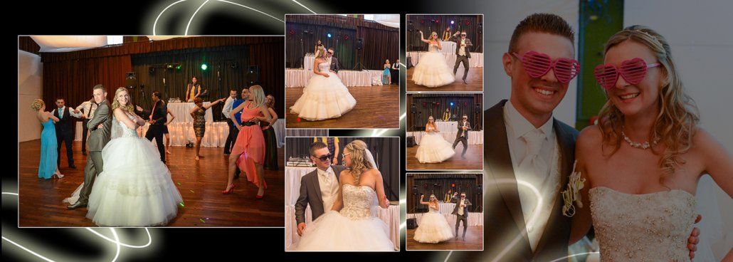 Eine Braut und ein Bräutigam posieren für ein Foto bei ihrer Hochzeitsfeier