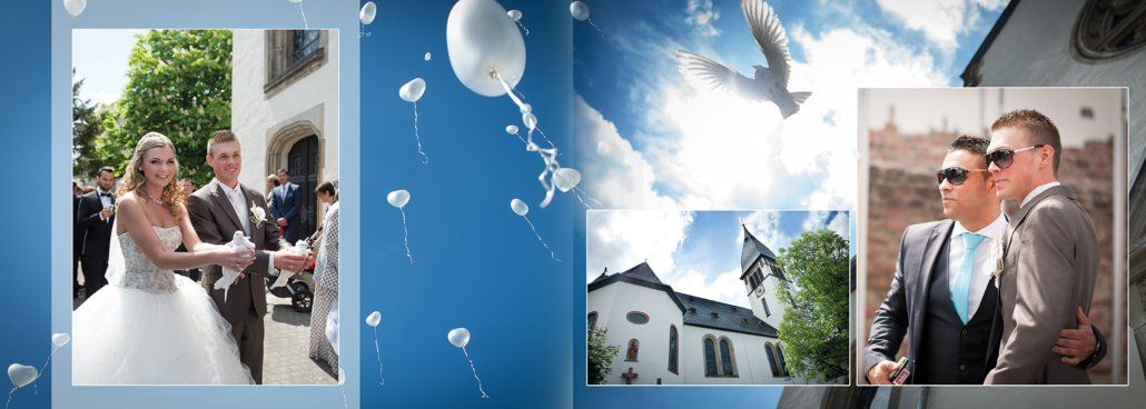 Eine Braut und ein Bräutigam stehen vor einem Gebäude und Luftballons fliegen durch die Luft.