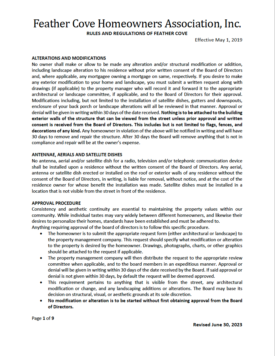 A white sheet of paper with feather cove homeowners association inc. written on it.