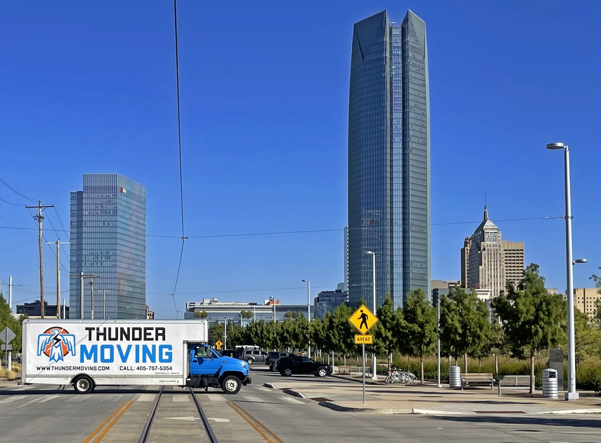 A Thunder Moving truck in downtown Oklahoma City, near Scissortail Park.