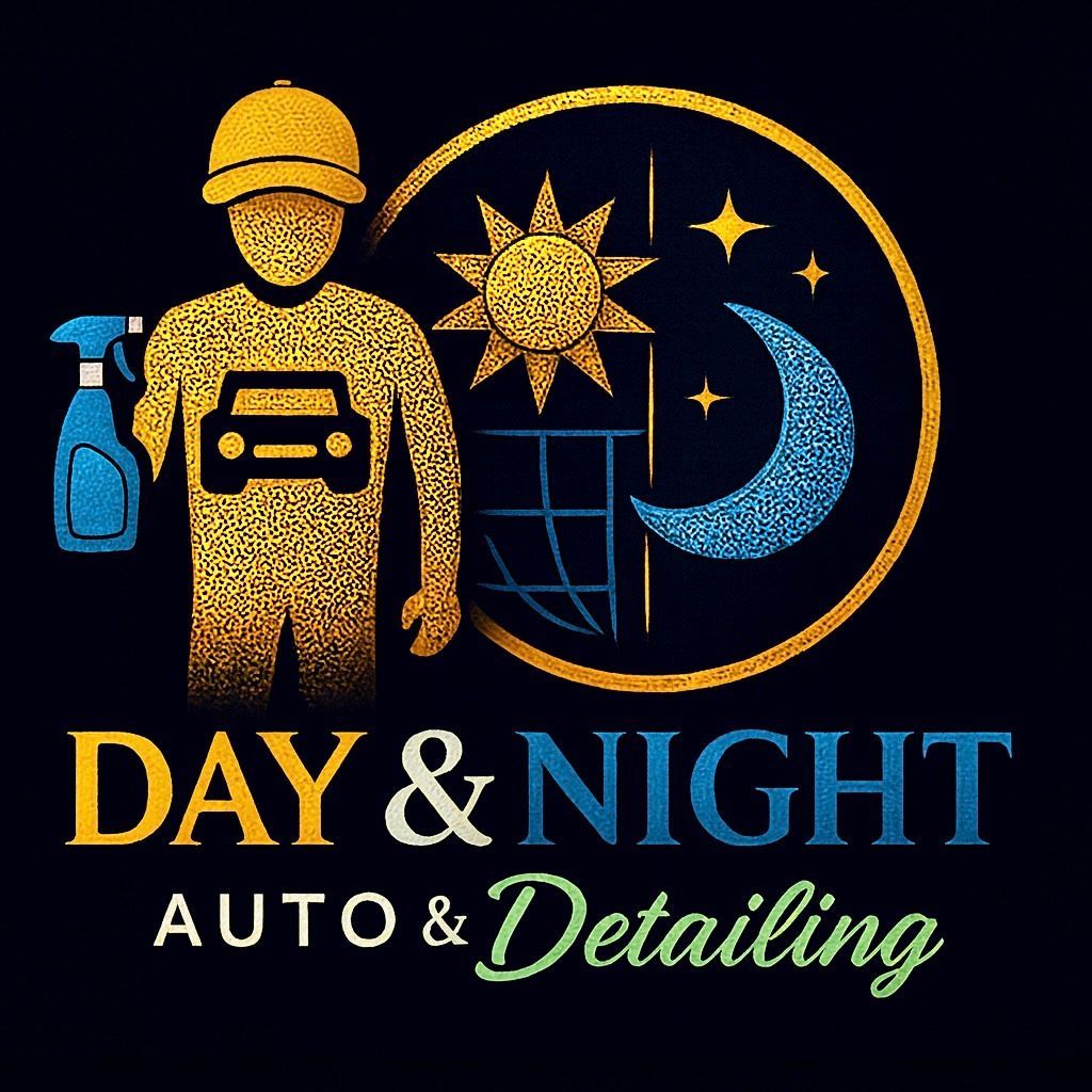 Logo for Day & Night Auto Detailing, features worker with car, spray bottle, sun/moon inside a gold circle.