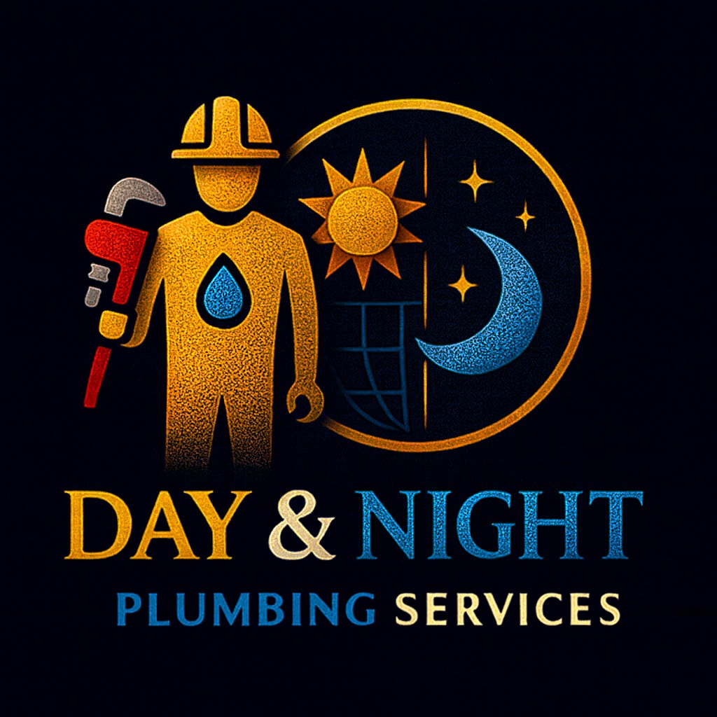Logo: Plumber with wrench, sun/moon graphic, 