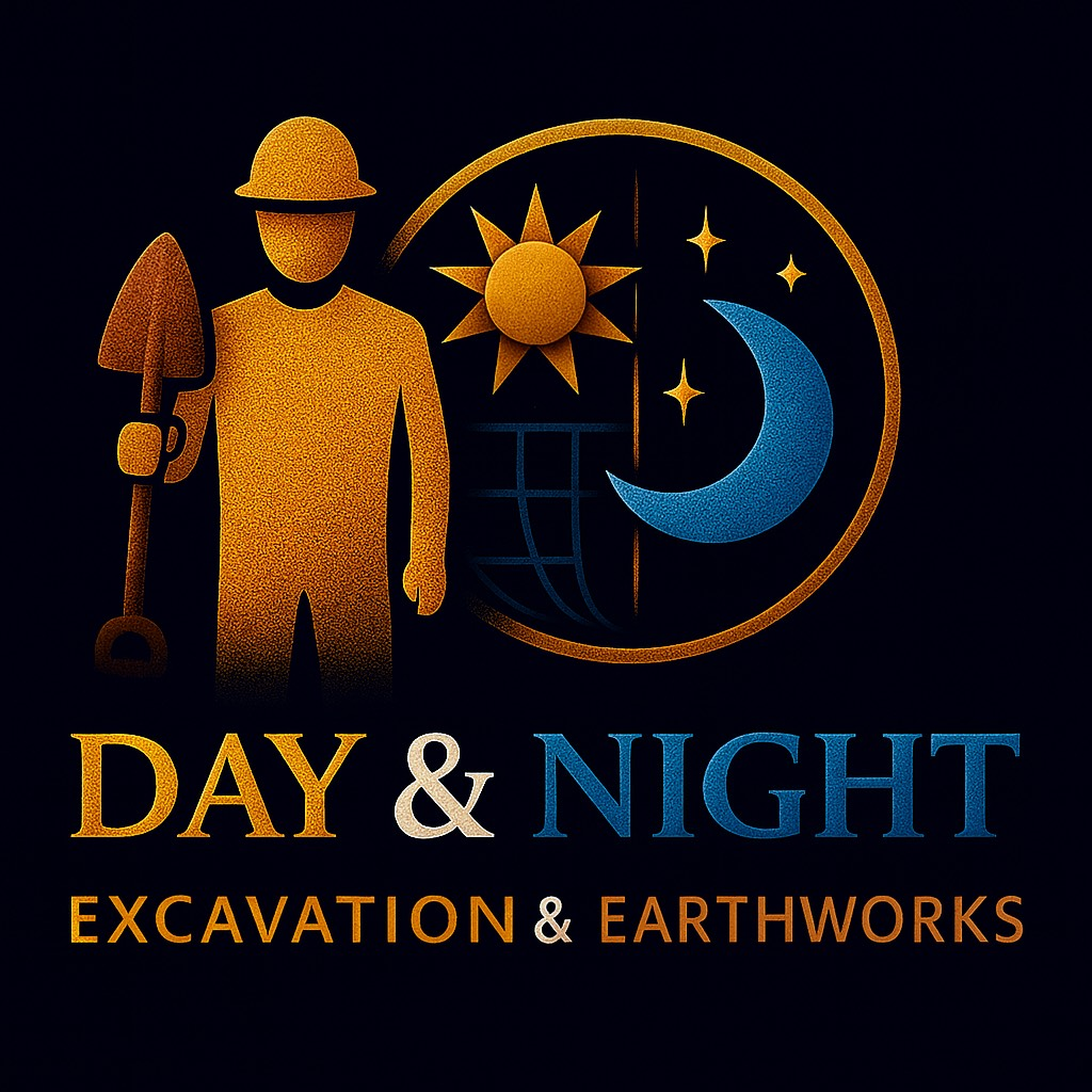 Logo: Construction worker with shovel; sun, moon, and text 