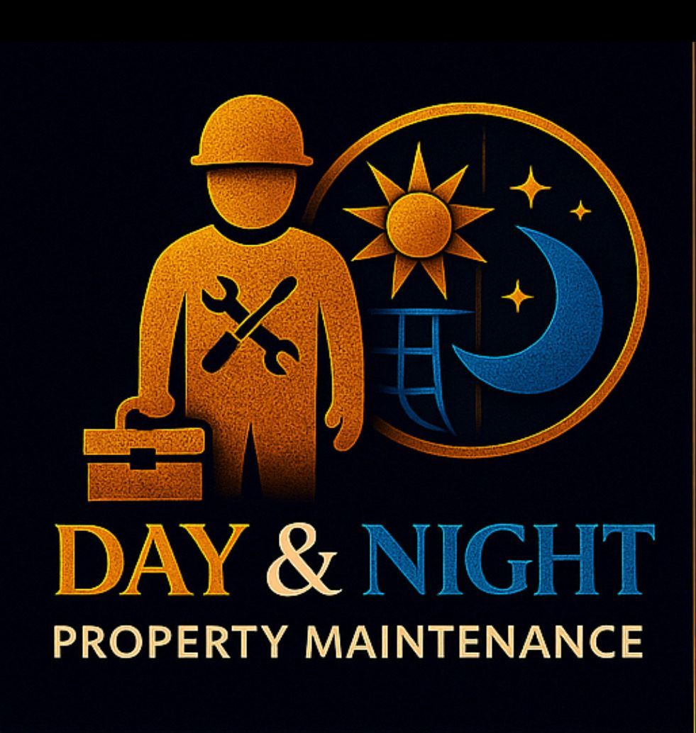 Golden handyman with toolbox and wrenches, next to sun and moon, 