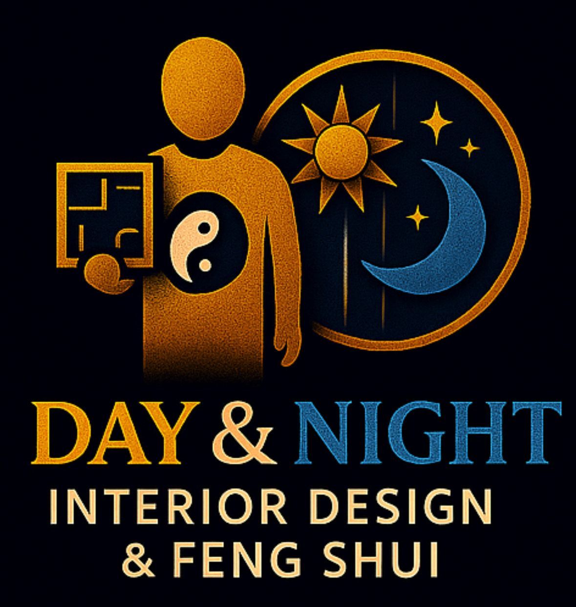Logo: Figure holding floor plan, Yin Yang symbol, sun/moon, and the text 