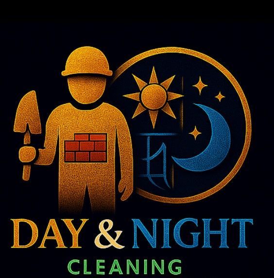 Logo: Construction worker with brick torso, holding trowel, beside day/night cycle symbol. 