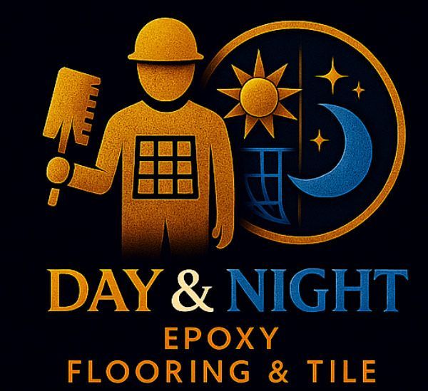 Logo with a worker holding a tool, sun/moon graphic, and text 
