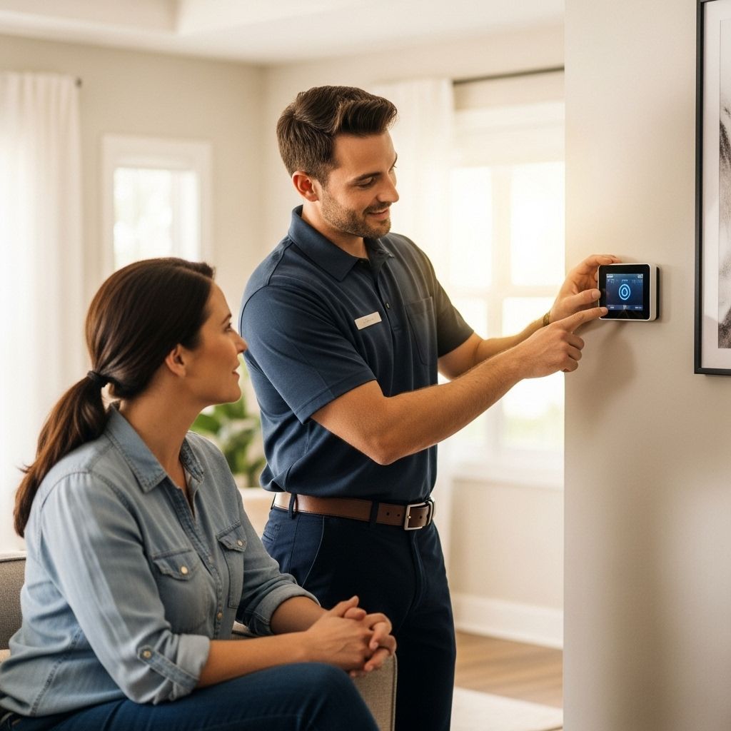 Man showing woman a smart thermostat on a wall in a home.