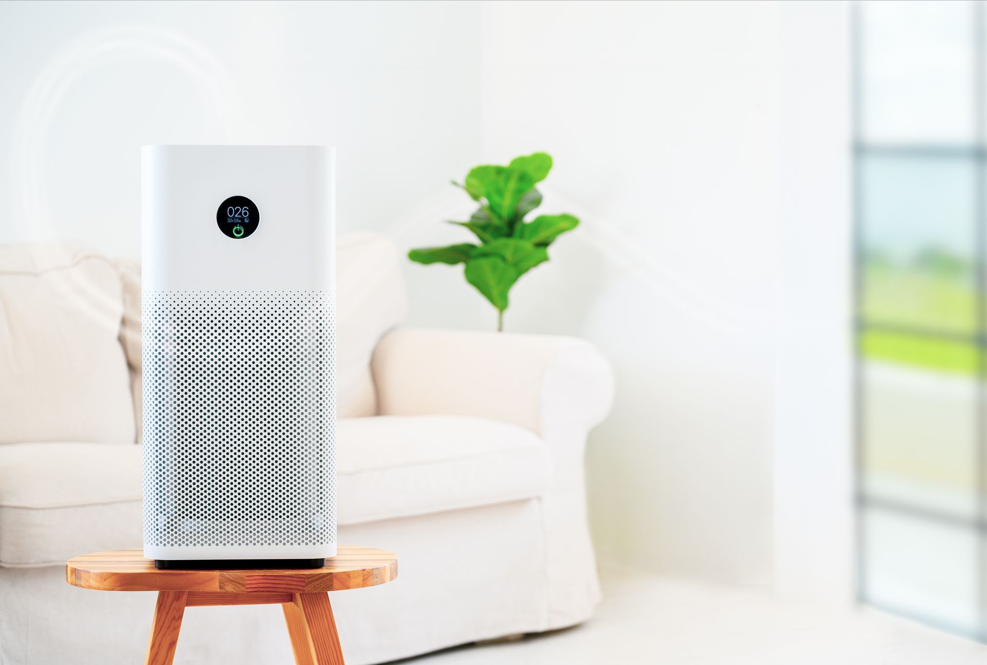 White air purifier on a wooden stool in a bright living room, near a couch and plant.