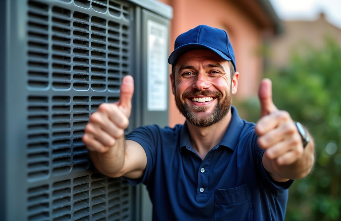 A man is giving a thumbs up in front of an air conditioner.