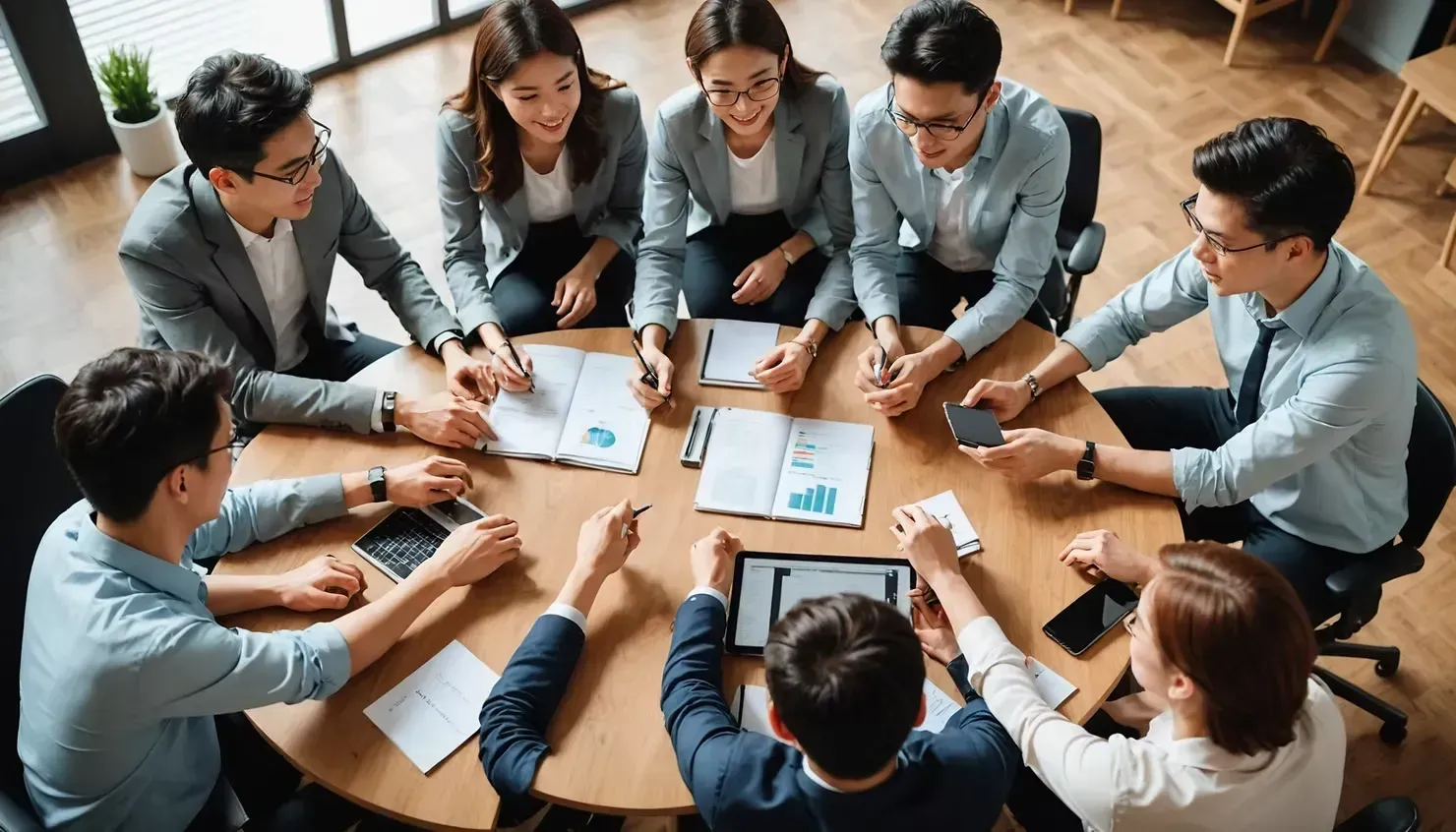 A group of professionals sits around a circular wooden table in a meeting, reviewing documents and tablets.
