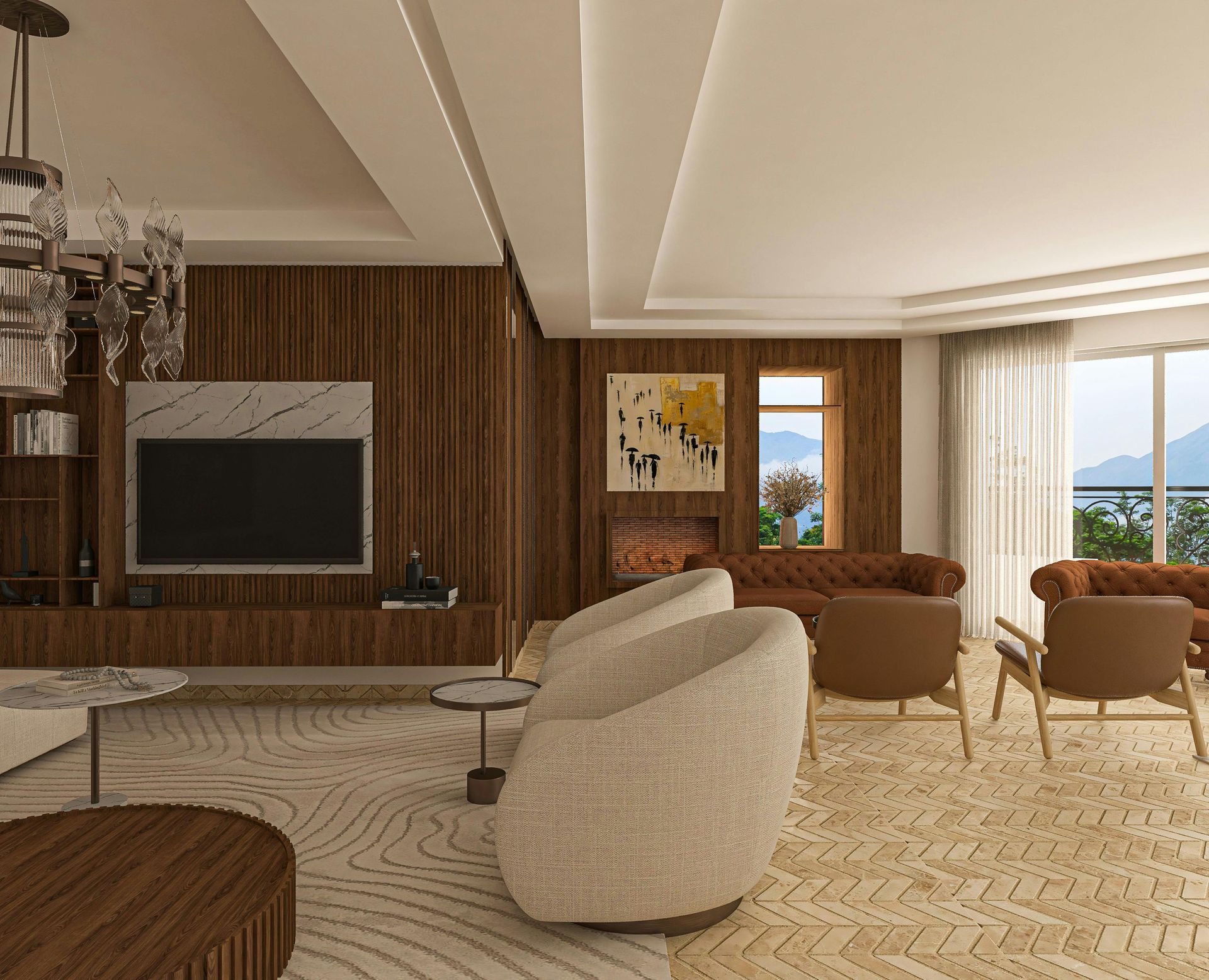 Luxurious living room with wood paneling, leather seating, and a water view.