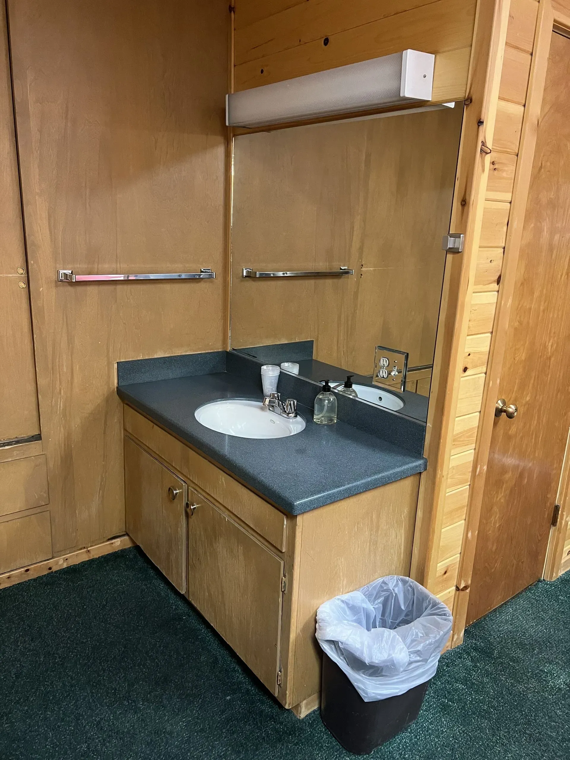 Bathroom with wood paneling, a sink, mirror, and wastebasket.
