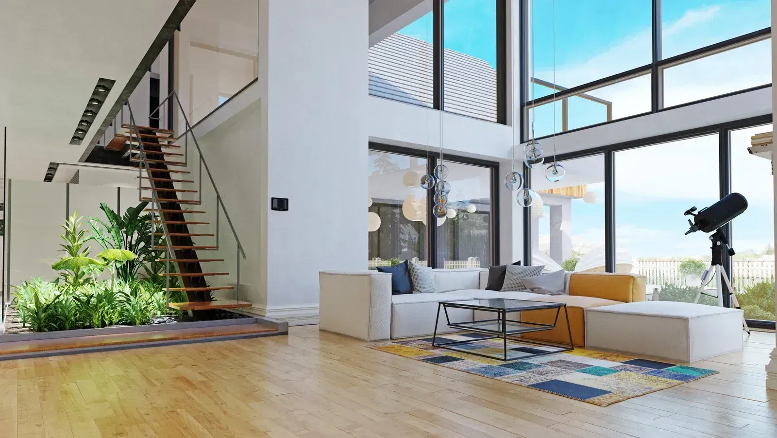 Spacious modern living room with large windows, sectional sofa, and a staircase. Bright, airy, natural light.