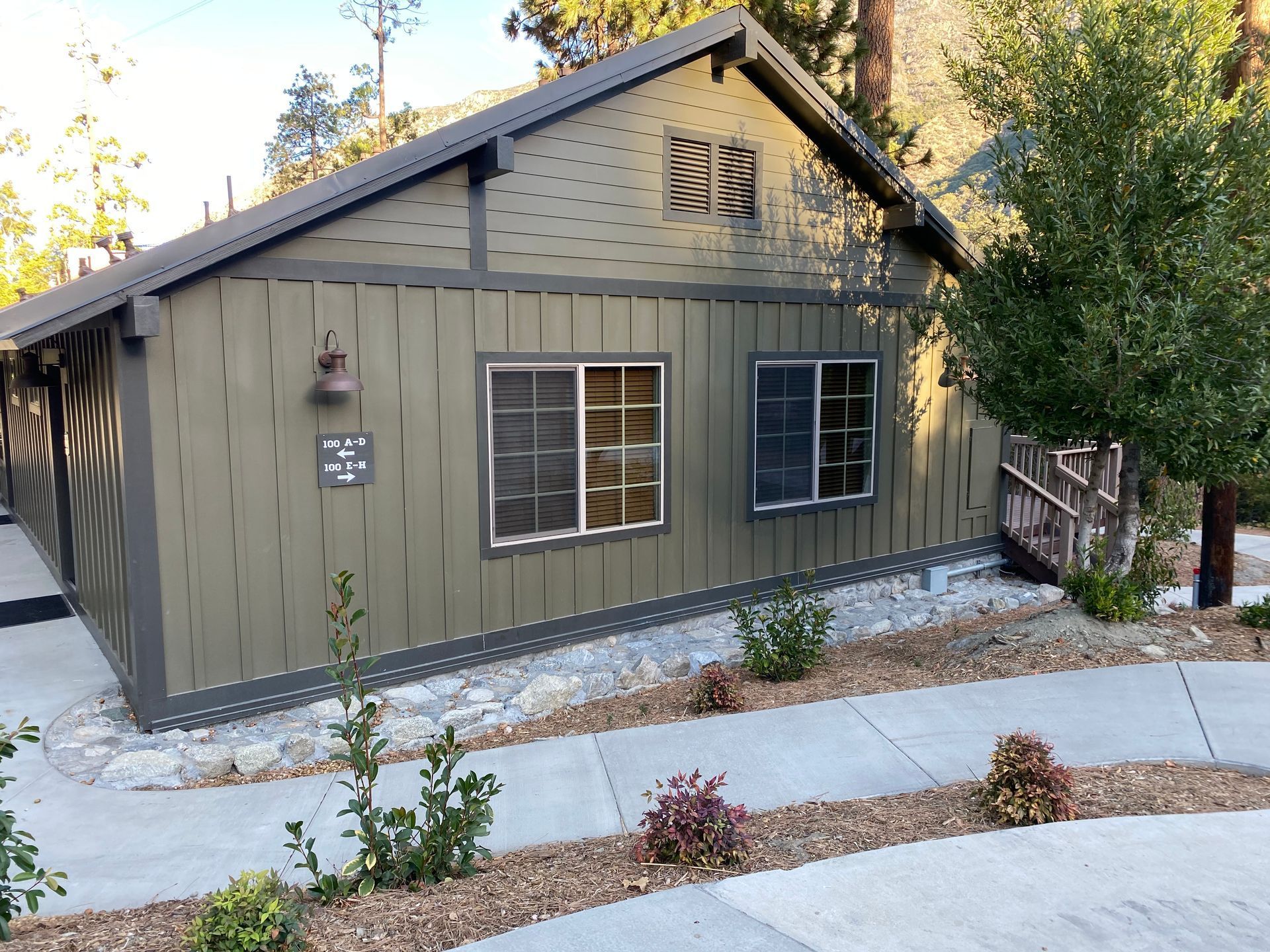 Green cabin with white-framed windows, nestled among trees and bushes on a paved walkway.