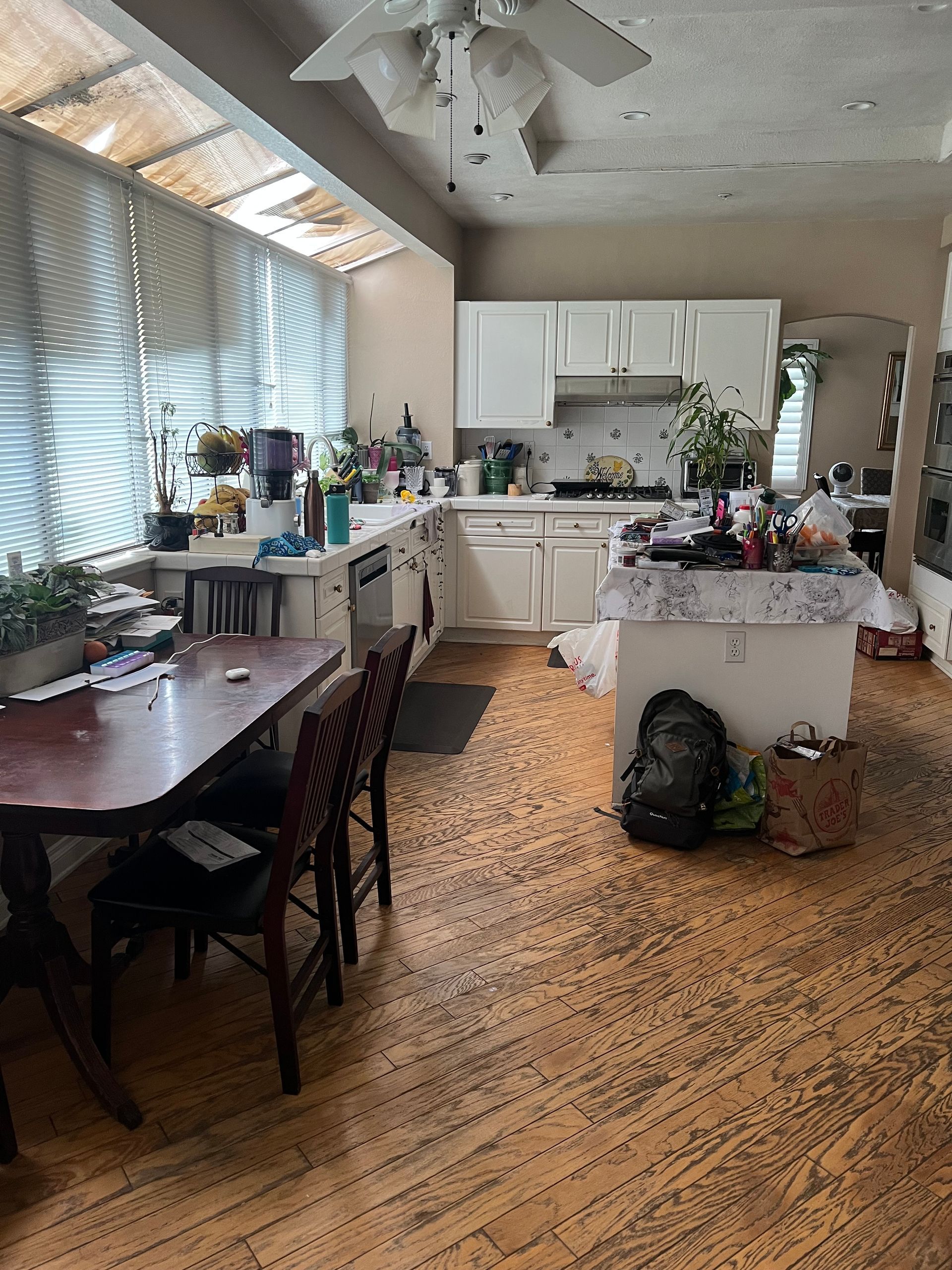 This kitchen was just too small and the windows were letting in to much heat in the summer.