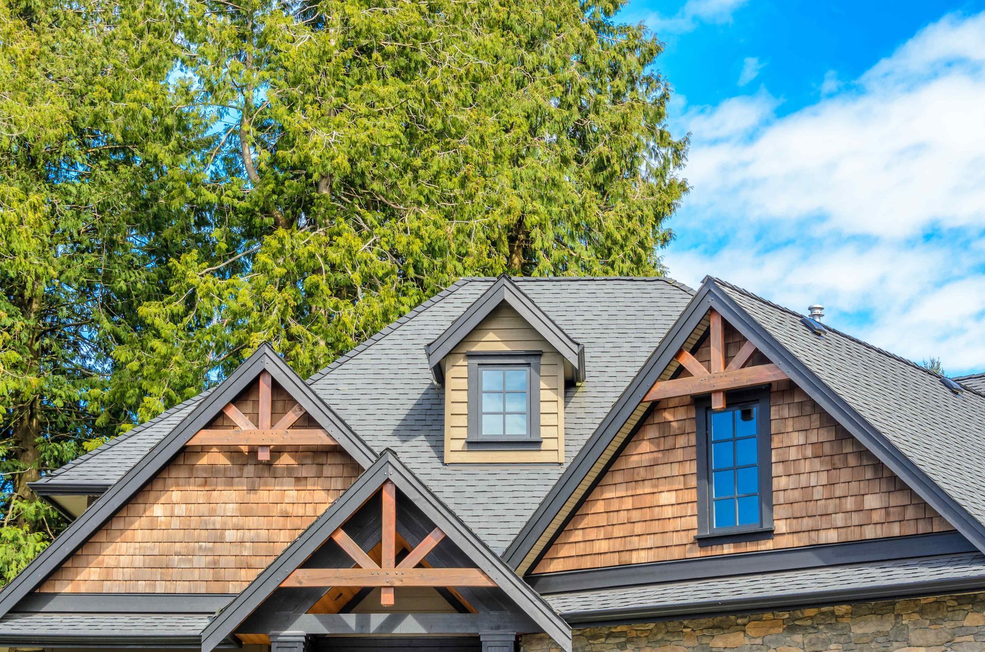 Close-up of a house roof with wooden shingle and dark gray asphalt roofing. Blue sky and green tree in background.