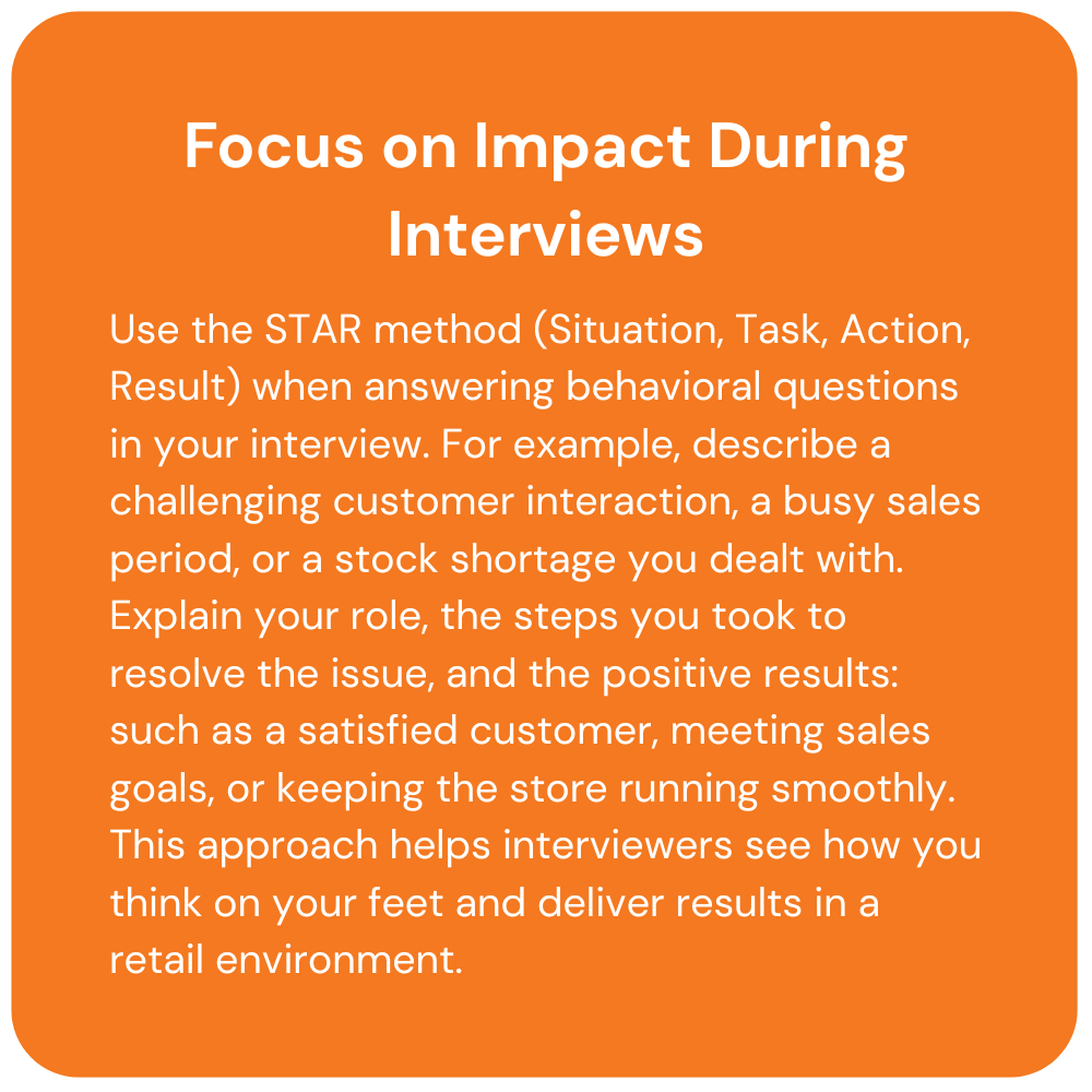 Orange square with text: Advice on using the STAR method (Situation, Task, Action, Result) in interviews.