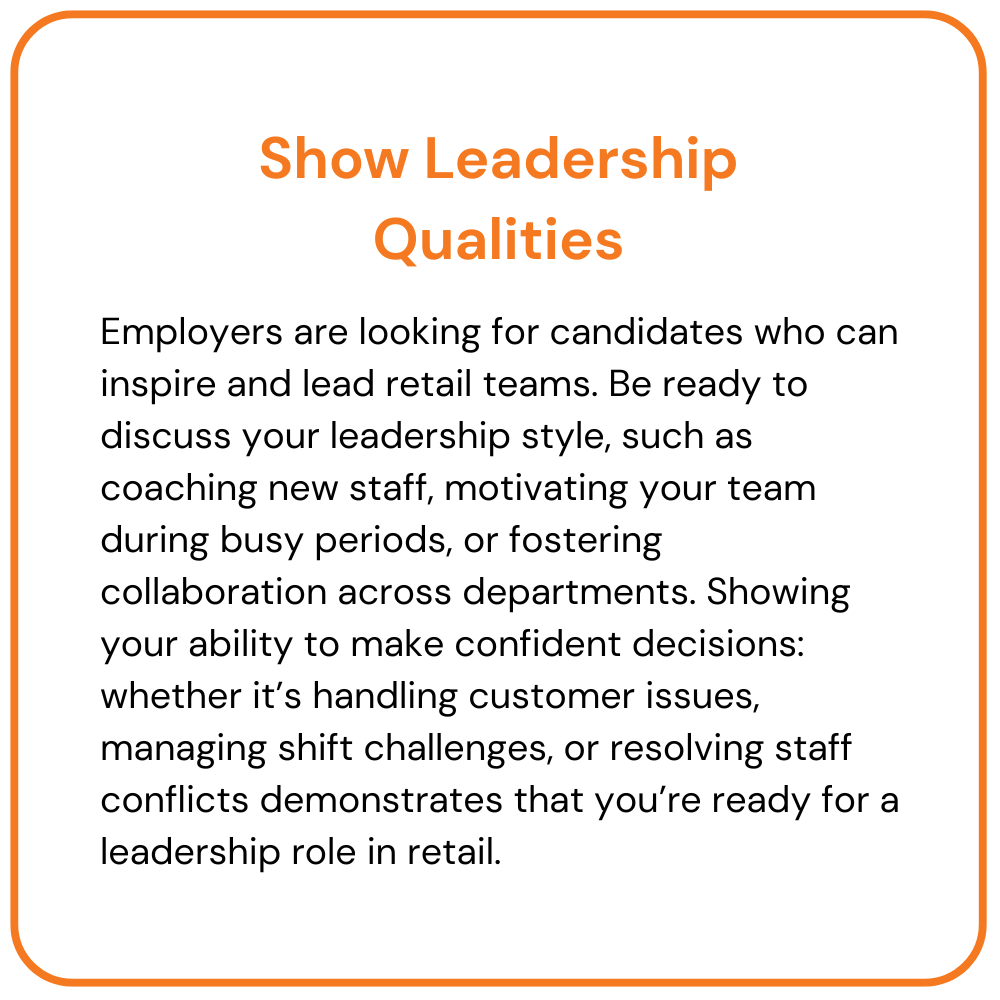 Advice on showing leadership qualities in retail. Orange border, white background. Text discusses coaching, motivating, and decision making.