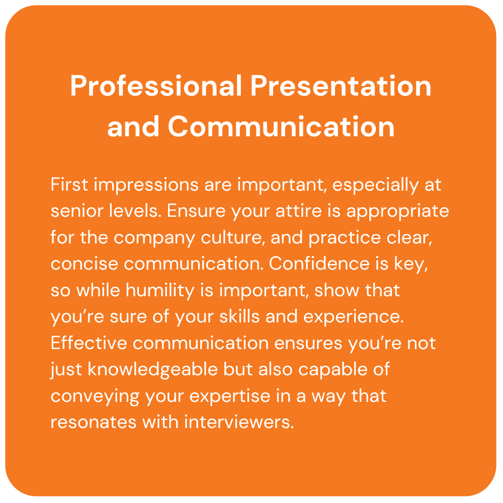 Orange box with text: professional presentation and communication advice for job interviews.