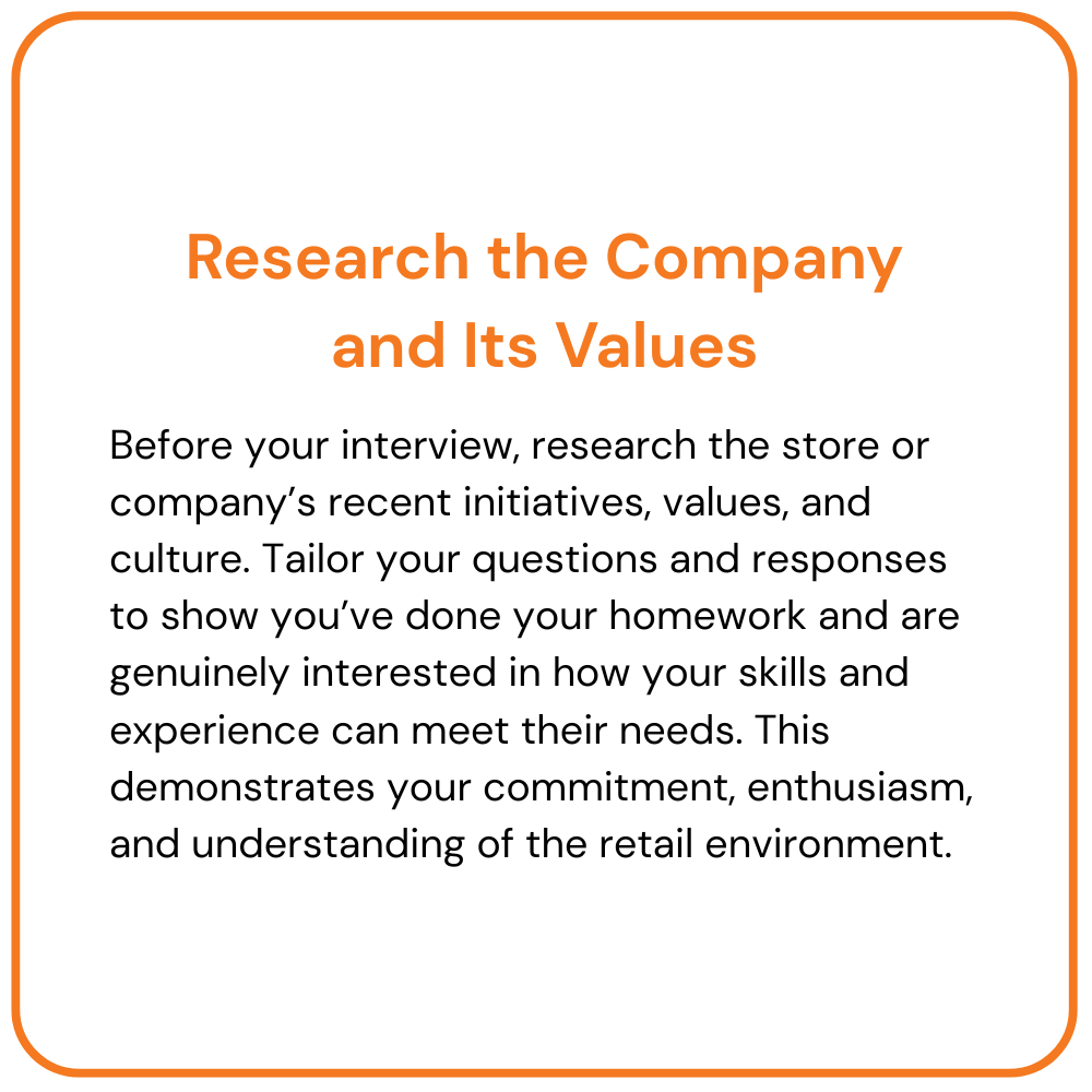 Orange box with text advising to research a company's values, culture, and initiatives before an interview.