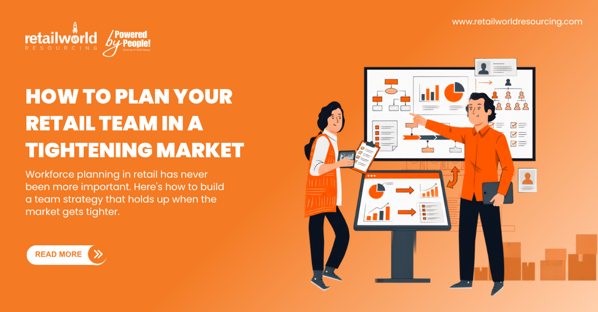 Orange marketing webpage graphic with two people presenting retail team insights on screens and charts