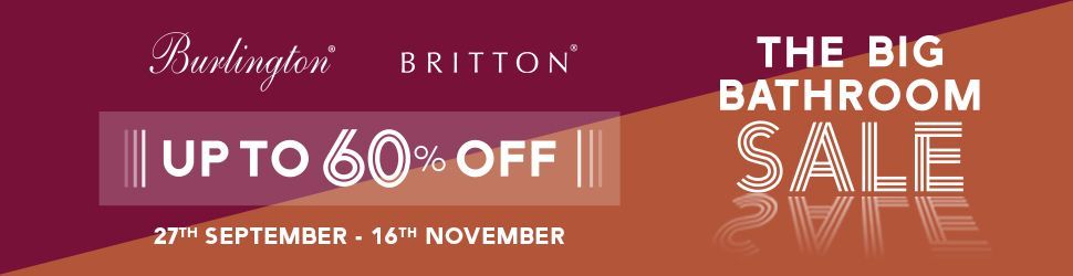 Sale banner: Up to 60% off bathroom products, Sept 27 - Nov 16. Featuring Burlington and Britton brands.