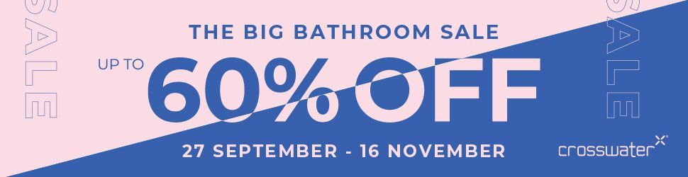 Sale banner: Up to 60% off The Big Bathroom Sale, September 27 - November 16. Pink and blue design.