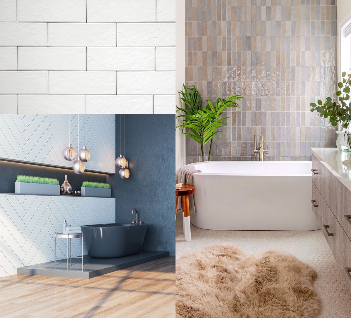 A collage of different textured bathroom tiles