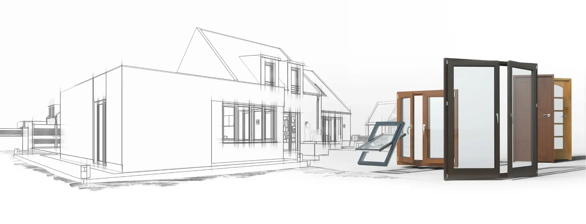 Schizzo architettonico di una casa con diversi campioni di finestre e porte nella parte anteriore.