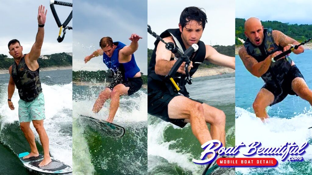 A group of men are water skiing on a lake.