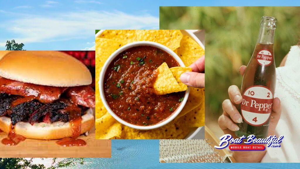 A hamburger a bowl of salsa and a bottle of root beer